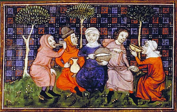 Travellers sharing a simple meal; Livre du roi Modus et de la reine Ratio, 14C.