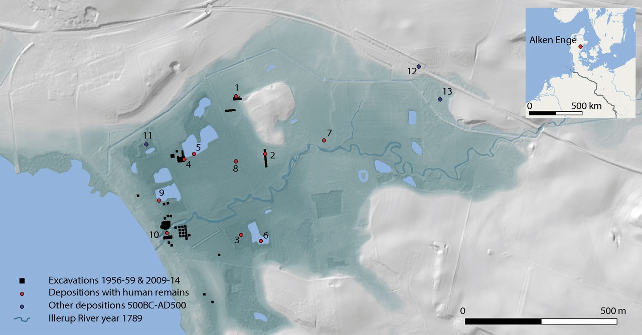 LiDAR elevation model of Alken Enge showing excavation areas, previously uncovered finds