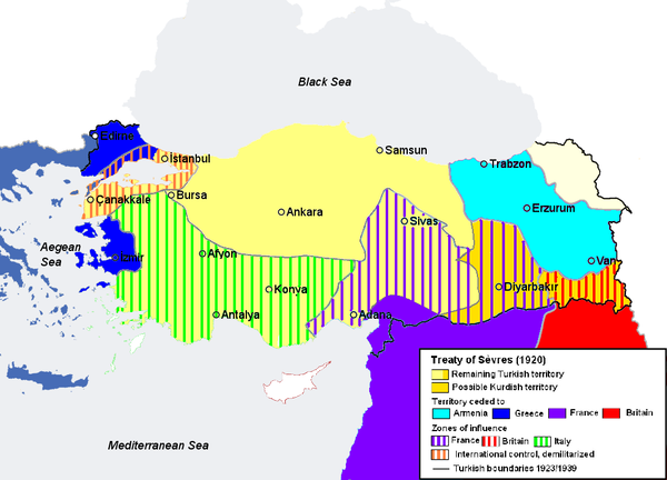 Partitioning of Ottoman Empire according to the Treaty of Sevres