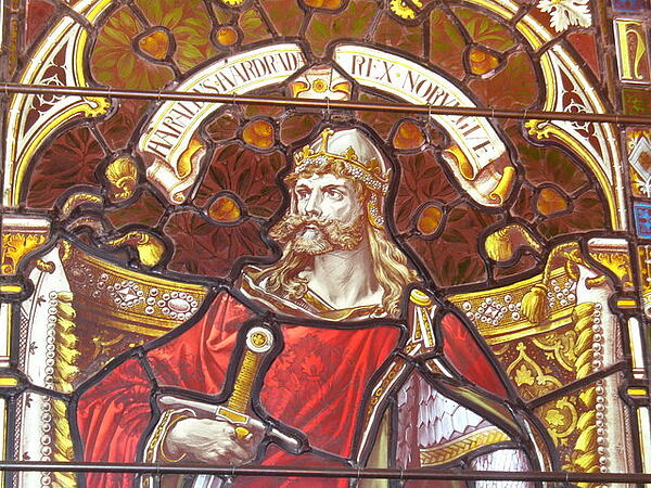 Window with portrait of Harald in Lerwick Town Hall, Shetland
