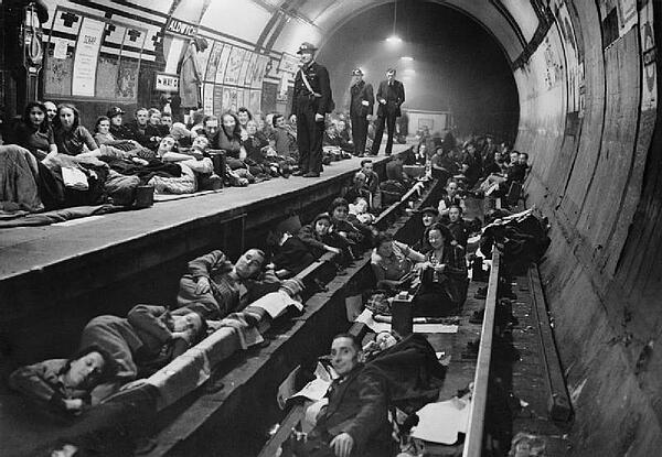 Aldwych tube station being used as a bomb shelter