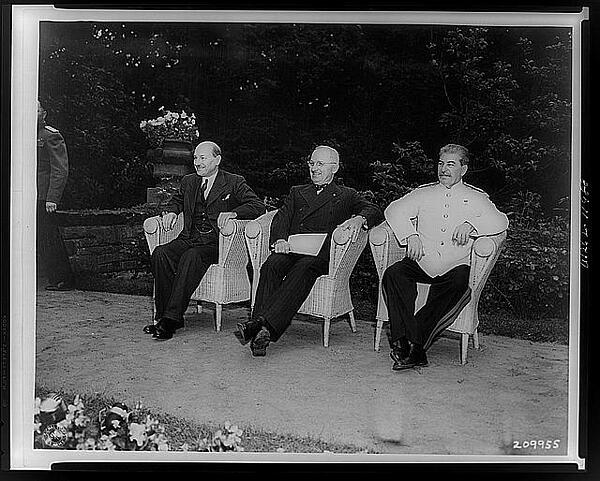 Clement Attlee, Harry Truman and Joseph Stalin at the Berlin Conference, 1 August 1945