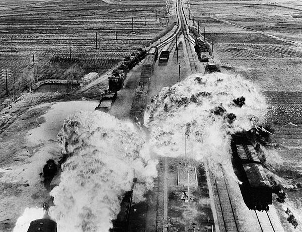 U.S Air Force targets railworks south of Wonsan, North Korea, 1950