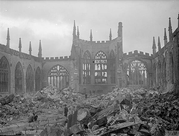The ruins of Coventry Cathedral, after the German Luftwaffe air raid, 14 November 1940