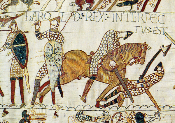Harold Rex Interfectus Est: "King Harold was killed". Scene from the Bayeux Tapestry depicting the Battle of Hastings and the death of Harold.