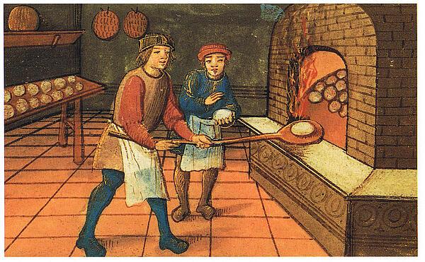 A medieval baker with his apprentice. The Bodleian Library, Oxford