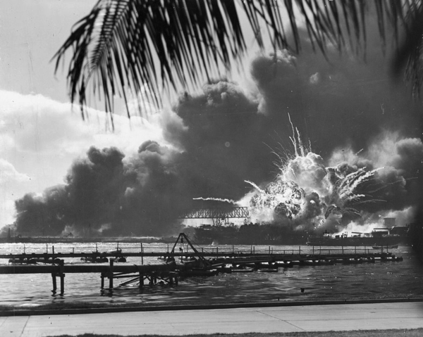 The USS Shaw exploding during the attack on Pearl Harbour, 7 December 1941