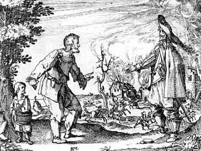A peasant begs a mercenary for mercy in front of his burning farm during the Thirty Years' War.